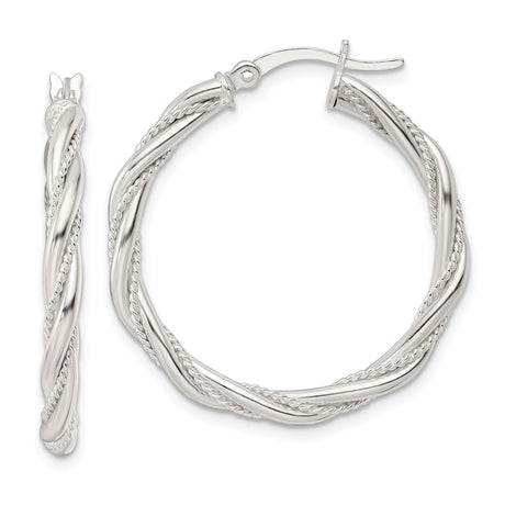 Sterling Silver Hoop Earrings, Twisted Rope Design with Polished and Textured Finish
