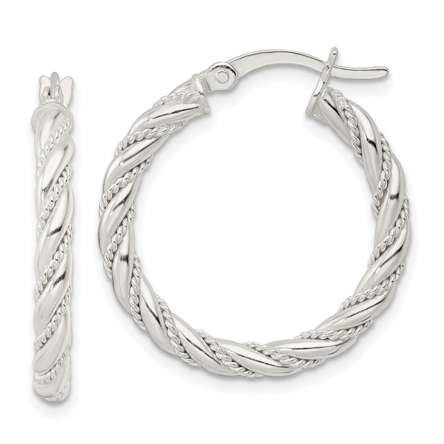 Sterling Silver Twisted Rope Hoop Earrings with Textured and Polished Finish for Women