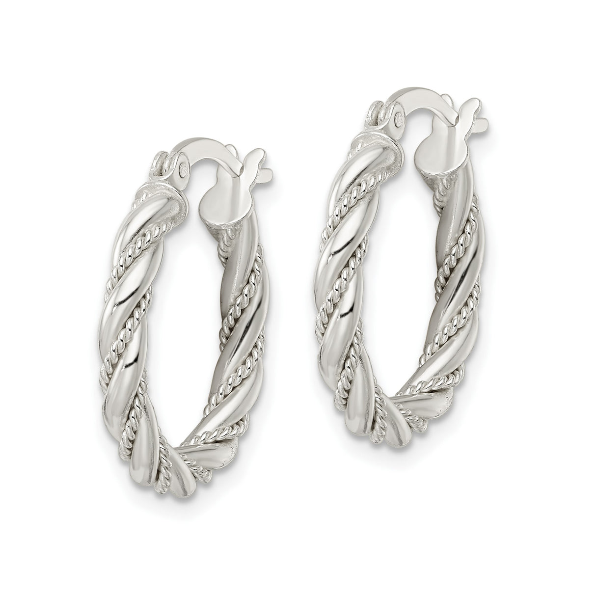 Sterling Silver Twisted Rope Hoop Earrings with Polished and Textured Braided Design