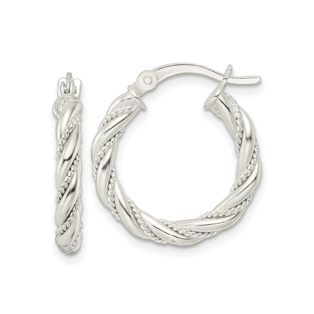 Sterling Silver Twisted Rope Hoop Earrings with Polished and Textured Braided Design