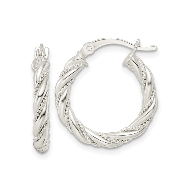 Sterling Silver Twisted Rope Hoop Earrings with Polished and Textured Braided Design