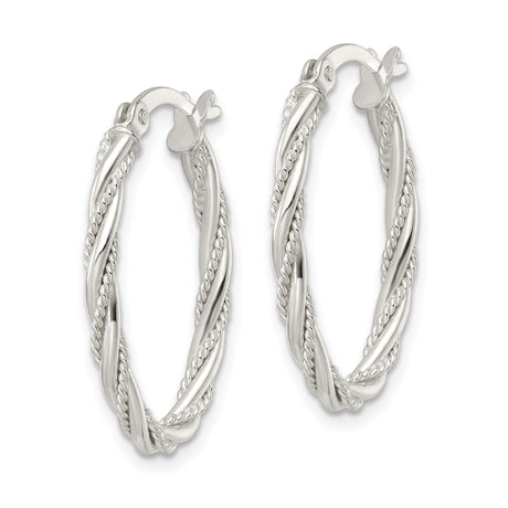 Sterling Silver Twisted Hoop Earrings with Polished Rope Texture, Medium Oval Design