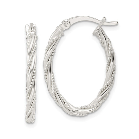 Sterling Silver Twisted Hoop Earrings with Polished Rope Texture, Medium Oval Design