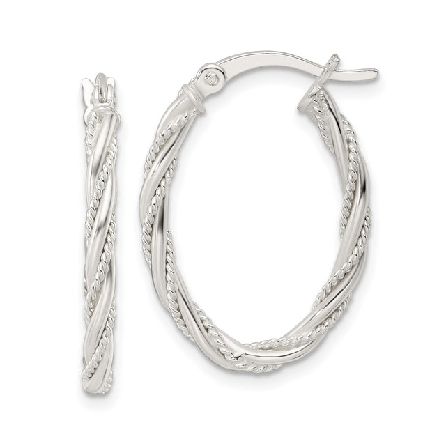 Sterling Silver Twisted Hoop Earrings with Polished Rope Texture, Medium Oval Design