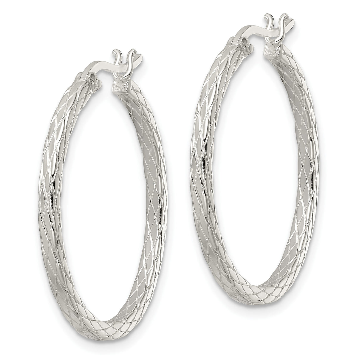 Sterling Silver Hoop Earrings with Diamond Cut Crisscross Pattern and Latch Back Closure