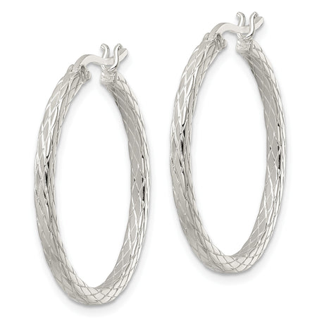 Sterling Silver Hoop Earrings with Diamond Cut Crisscross Pattern and Latch Back Closure