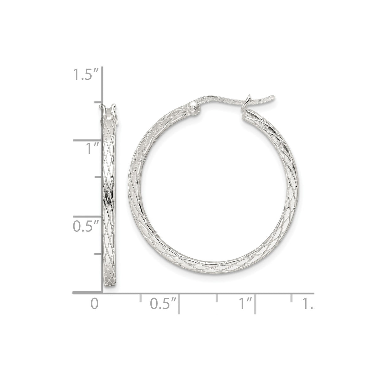 Sterling Silver Hoop Earrings with Diamond Cut Crisscross Pattern and Latch Back Closure