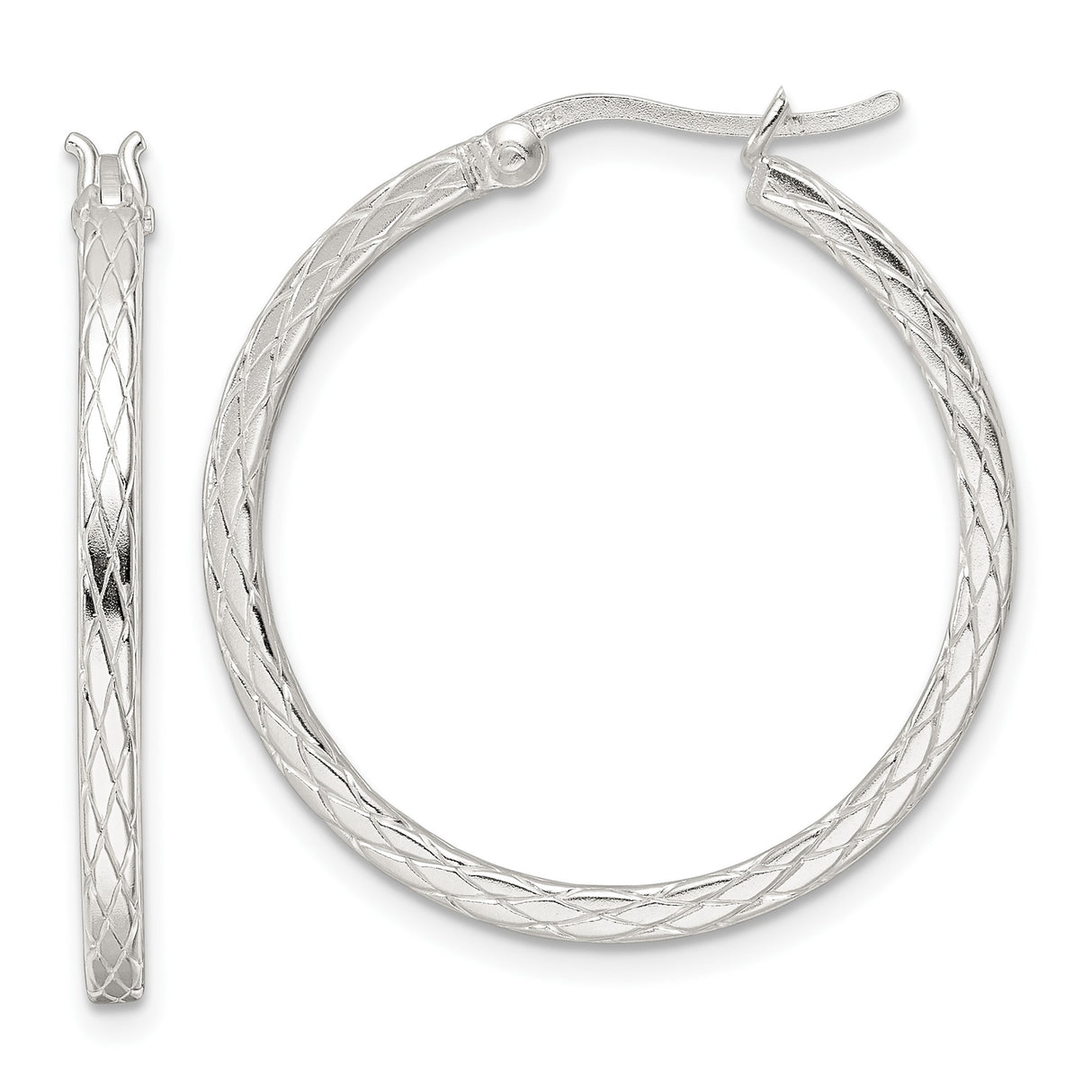 Sterling Silver Hoop Earrings with Diamond Cut Crisscross Pattern and Latch Back Closure