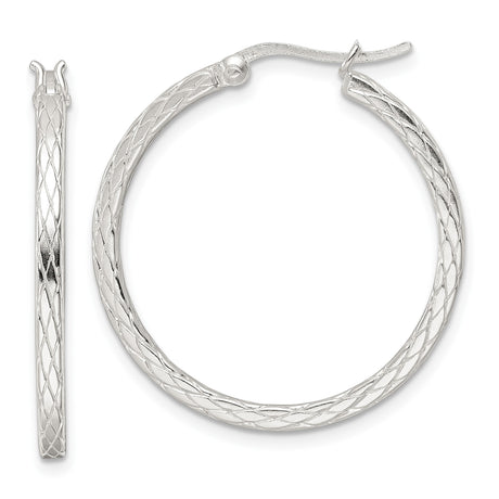 Sterling Silver Hoop Earrings with Diamond Cut Crisscross Pattern and Latch Back Closure