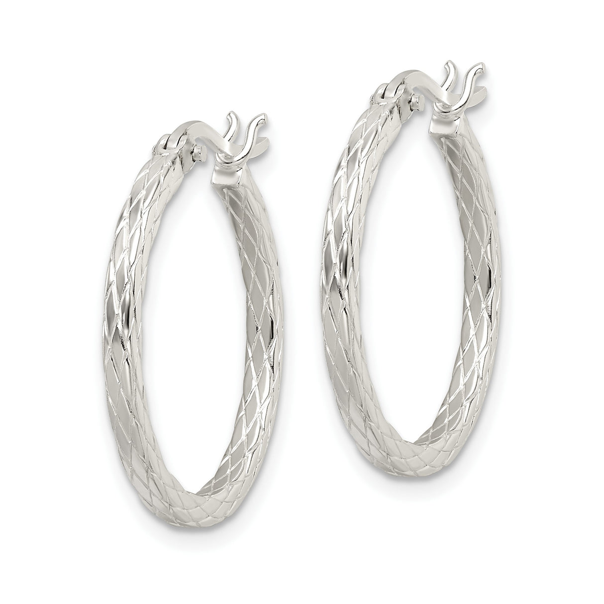 Sterling Silver Textured Hoop Earrings with Diamond Cut Engraving, Rhodium Plated Round Hoops