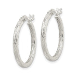Sterling Silver Textured Hoop Earrings with Diamond Cut Engraving, Rhodium Plated Round Hoops