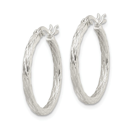 Sterling Silver Textured Hoop Earrings with Diamond Cut Engraving, Rhodium Plated Round Hoops