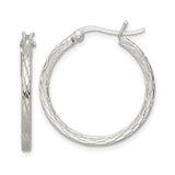 Sterling Silver Textured Hoop Earrings with Diamond Cut Engraving, Rhodium Plated Round Hoops