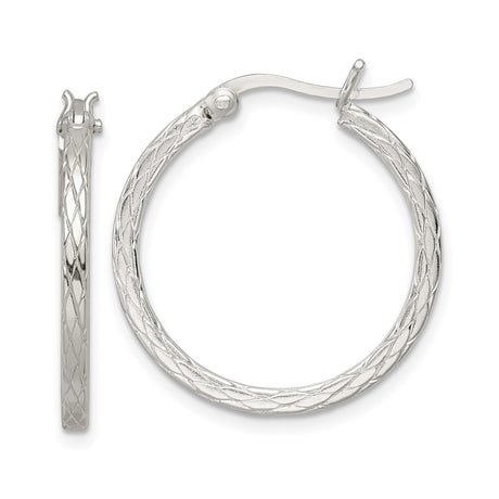 Sterling Silver Textured Hoop Earrings with Diamond Cut Engraving, Rhodium Plated Round Hoops