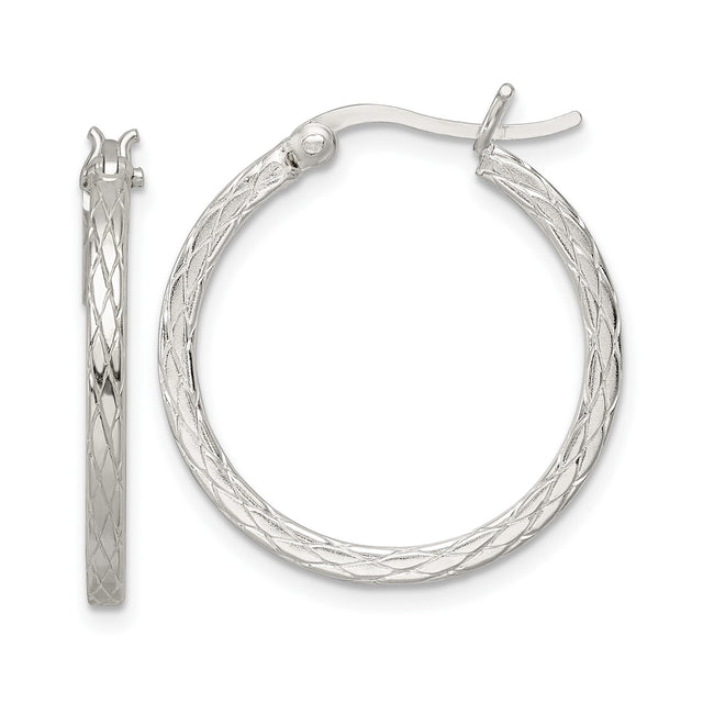 Sterling Silver Textured Hoop Earrings with Diamond Cut Engraving, Rhodium Plated Round Hoops