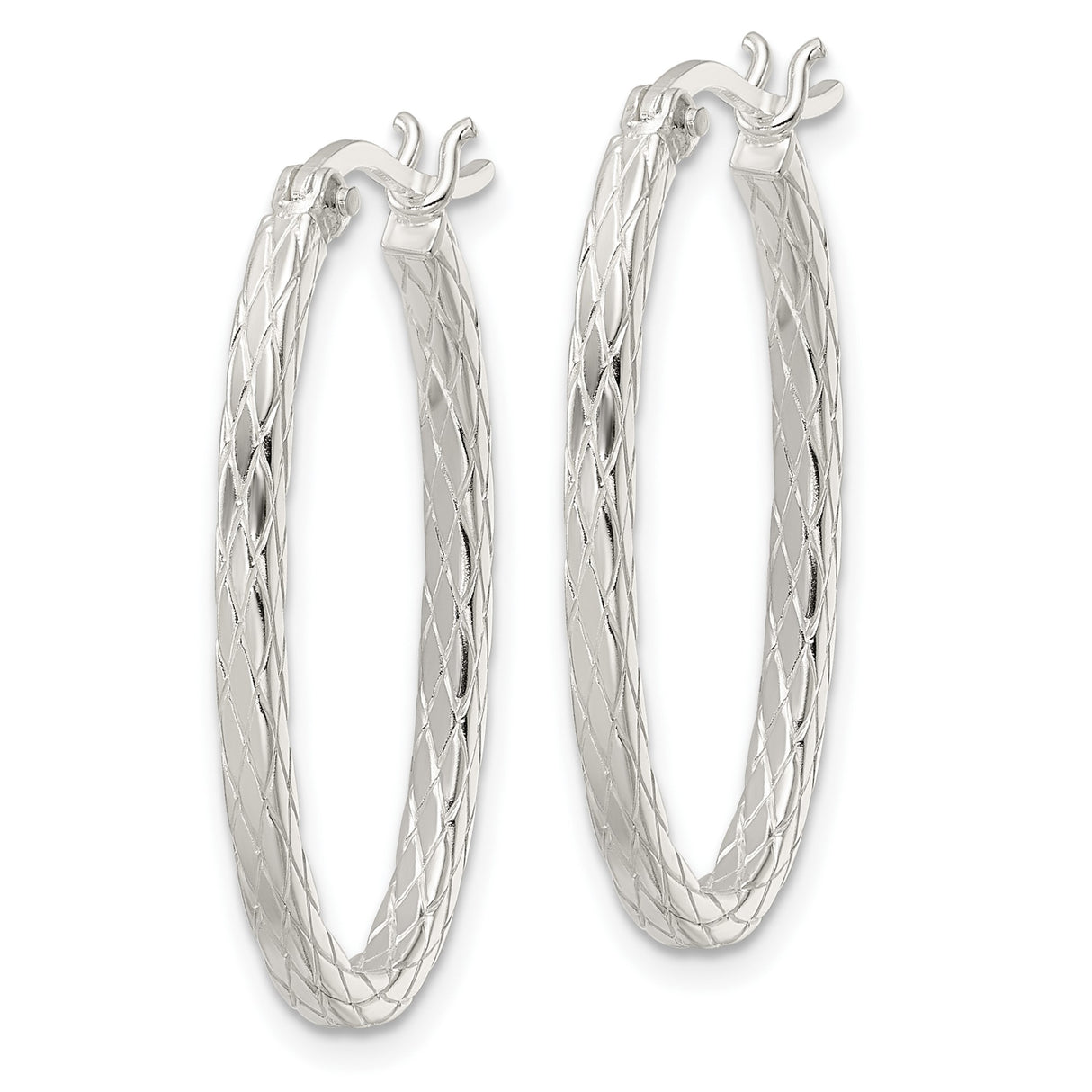 Sterling Silver Oval Hoop Earrings with Diamond Cut Braided Pattern and Latch Back Closure