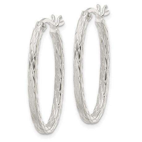Sterling Silver Oval Hoop Earrings with Diamond Cut Braided Pattern and Latch Back Closure