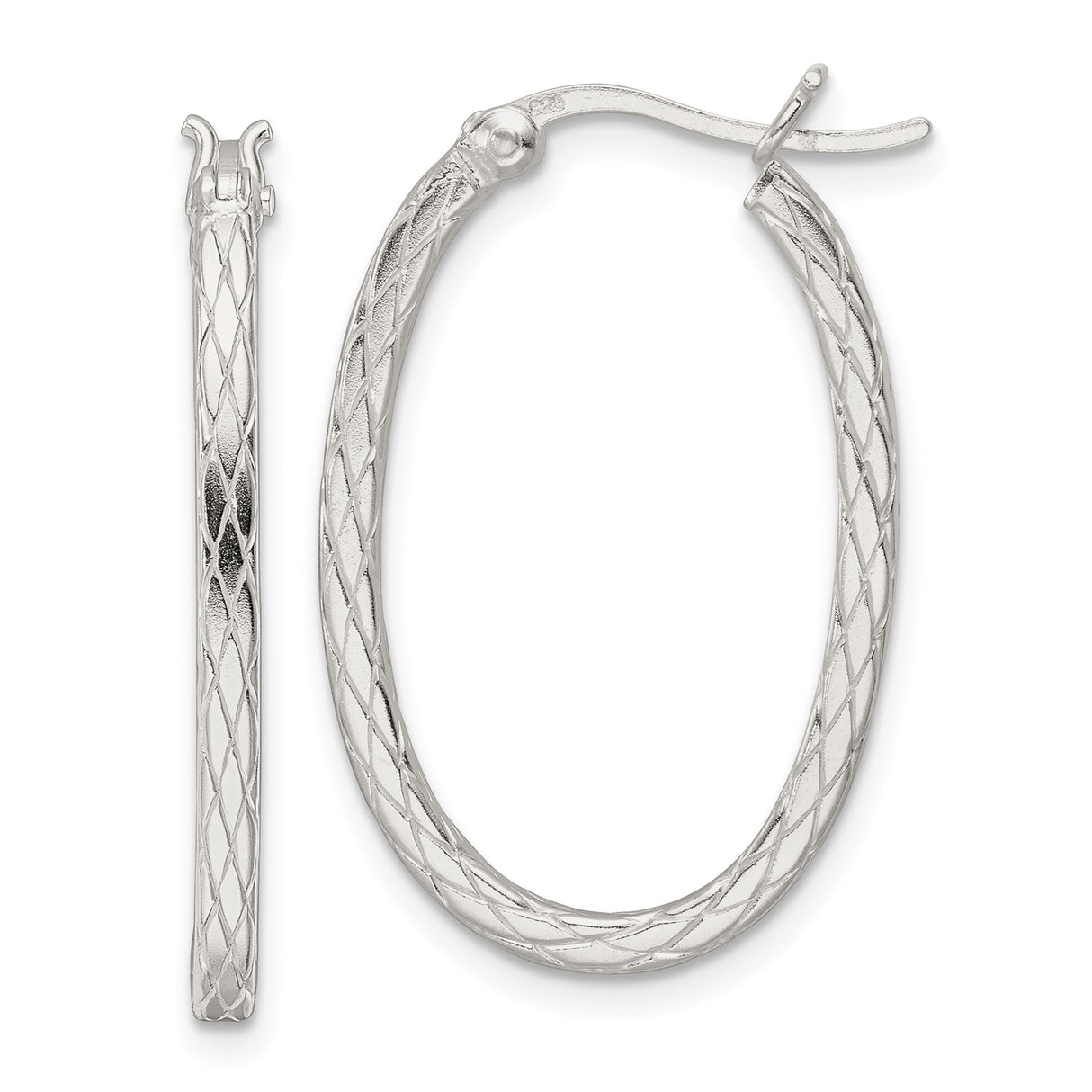Sterling Silver Oval Hoop Earrings with Diamond Cut Braided Pattern and Latch Back Closure