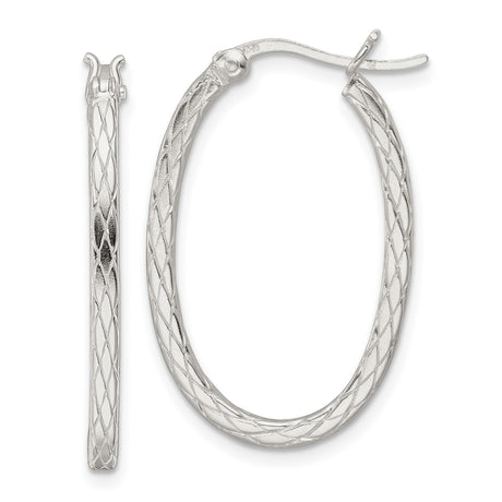 Sterling Silver Oval Hoop Earrings with Diamond Cut Braided Pattern and Latch Back Closure