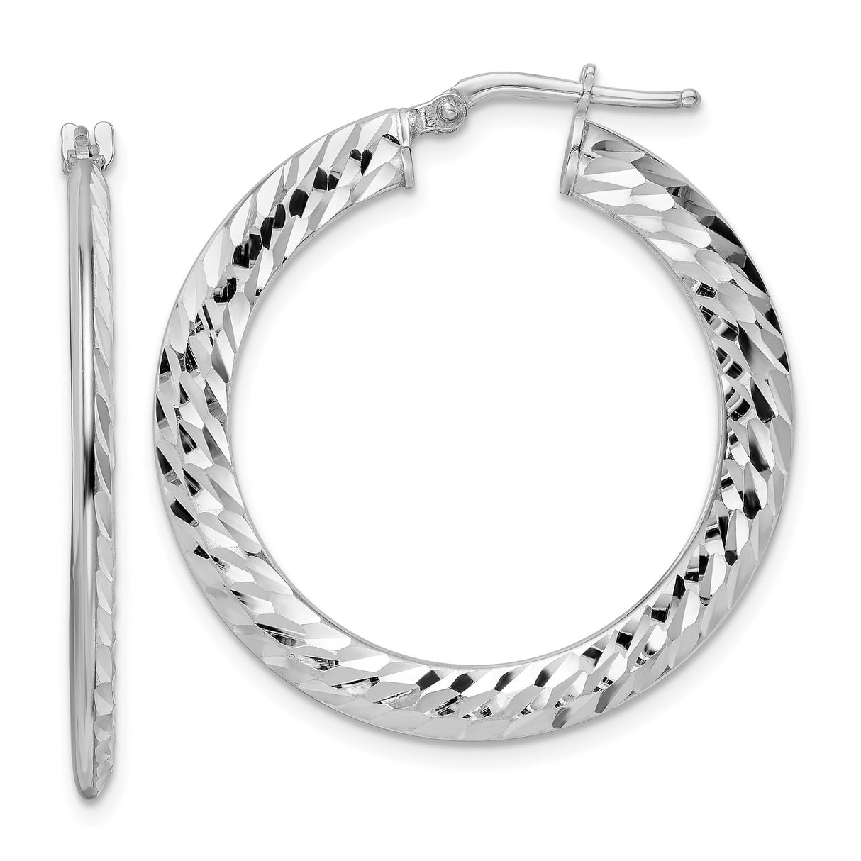 Sterling Silver Hoop Earrings with Diamond Cut Texture and Latch Back Closure