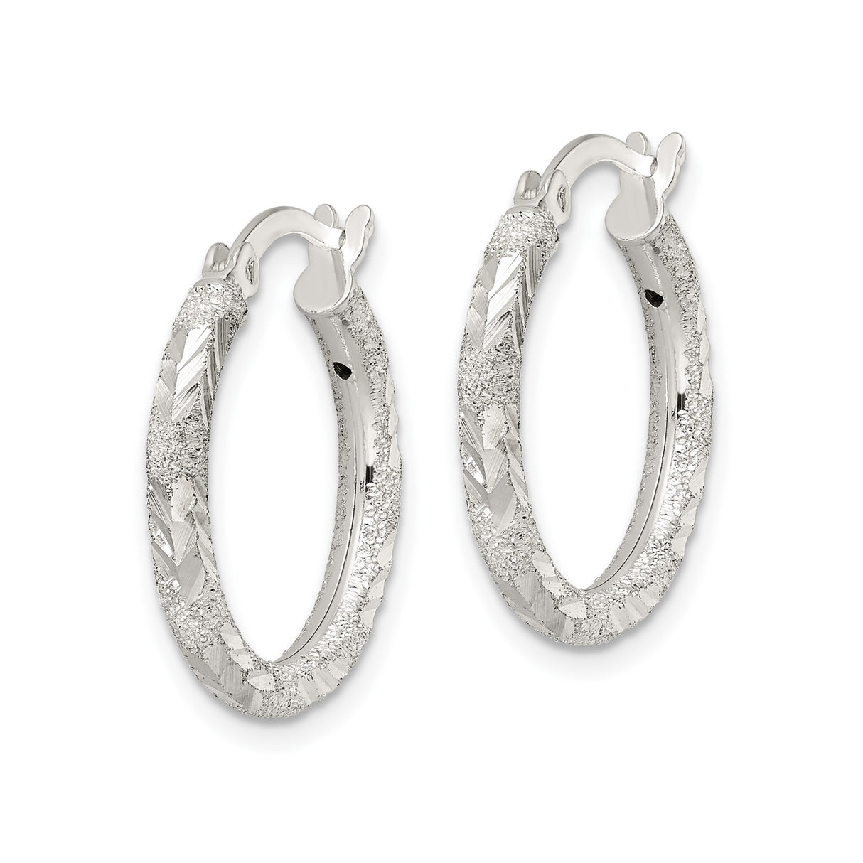 Sterling Silver Hoop Earrings with Textured Chevron Design and Glitter Finish