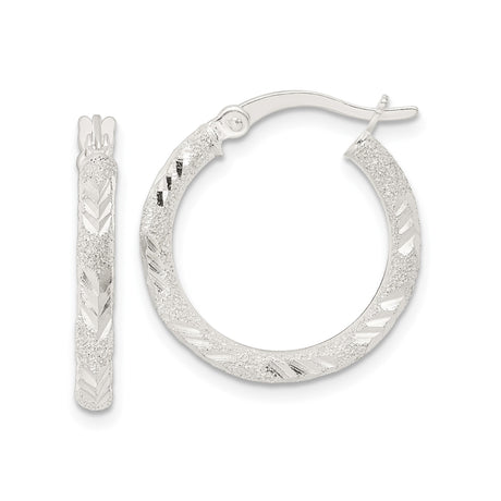 Sterling Silver Hoop Earrings with Textured Chevron Design and Glitter Finish