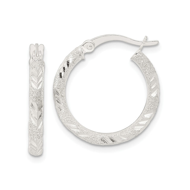 Sterling Silver Hoop Earrings with Textured Chevron Design and Glitter Finish