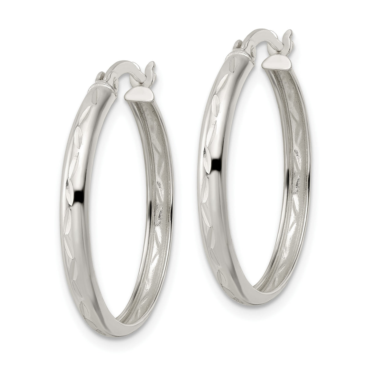 Sterling Silver Hoop Earrings with Diamond Cut Leaf Pattern and Polished Finish
