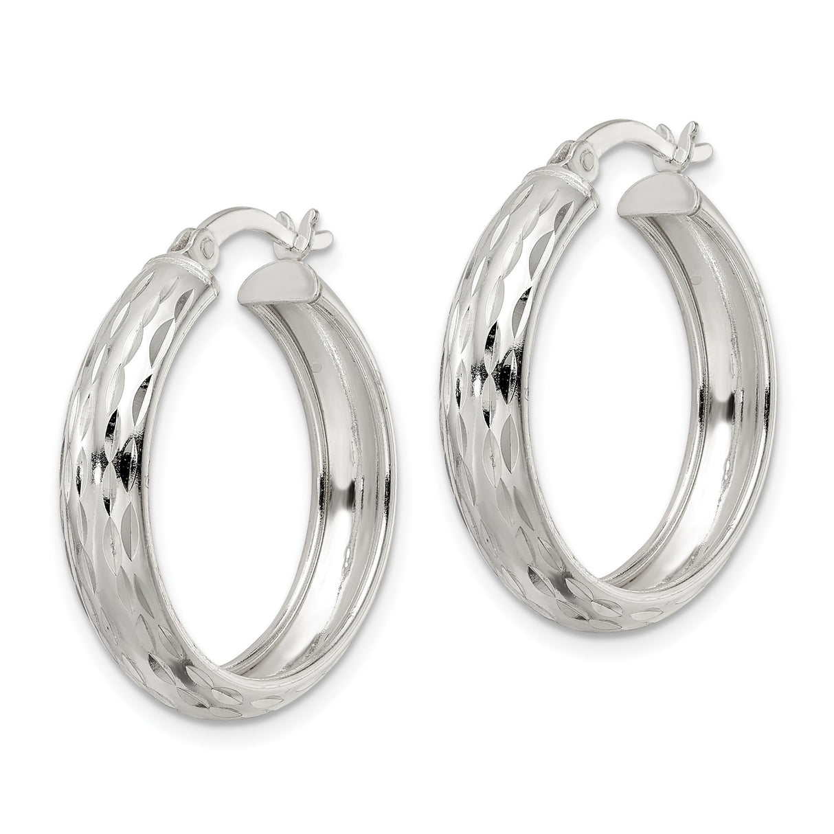 Sterling Silver Hoop Earrings, Diamond Cut Textured Round Hoops, Lightweight Classic Style
