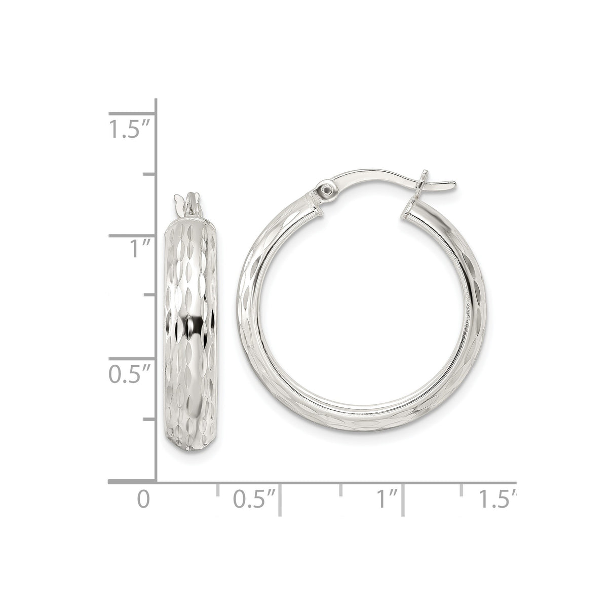 Sterling Silver Hoop Earrings, Diamond Cut Textured Round Hoops, Lightweight Classic Style