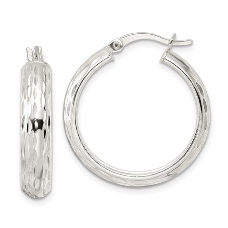 Sterling Silver Hoop Earrings, Diamond Cut Textured Round Hoops, Lightweight Classic Style