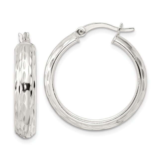 Sterling Silver Hoop Earrings, Diamond Cut Textured Round Hoops, Lightweight Classic Style