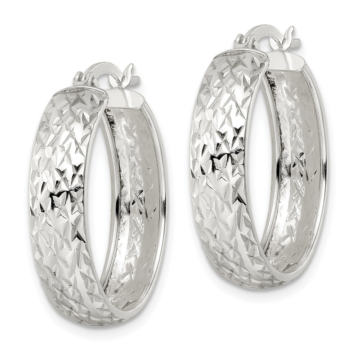 Sterling Silver Hoop Earrings with Diamond Cut Textured Design, Latch Back, Lightweight Style