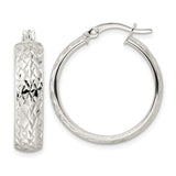 Sterling Silver Hoop Earrings with Diamond Cut Textured Design, Latch Back, Lightweight Style