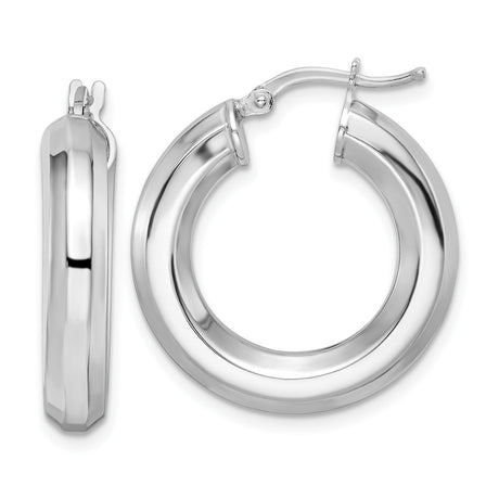 Sterling Silver Hoop Earrings, Rhodium Plated Thick Octagon Tube Design, Modern Minimalist Style