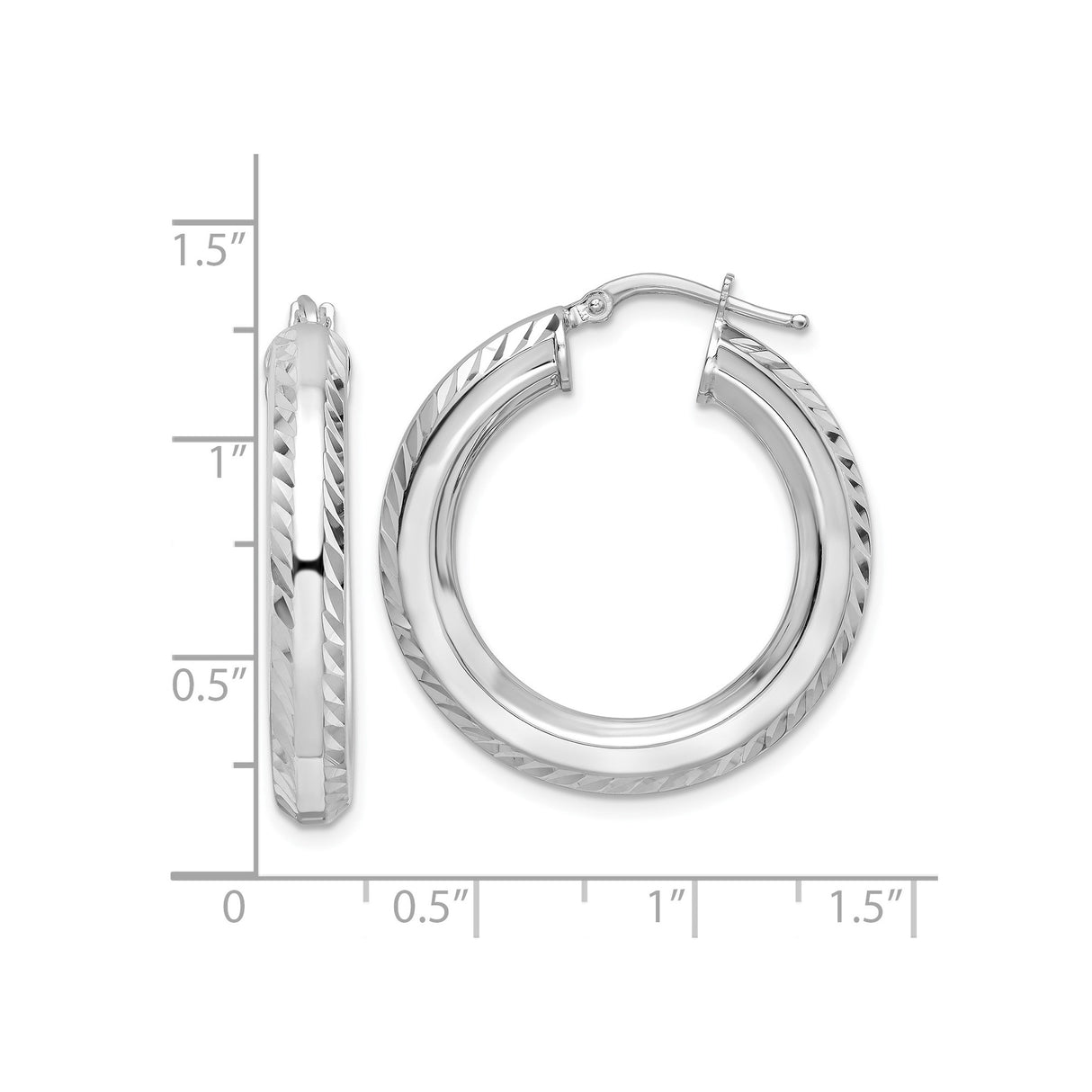 Sterling Silver Hoop Earrings, Medium Diamond Cut Polished Rhodium Plated Tube Hoops for Women
