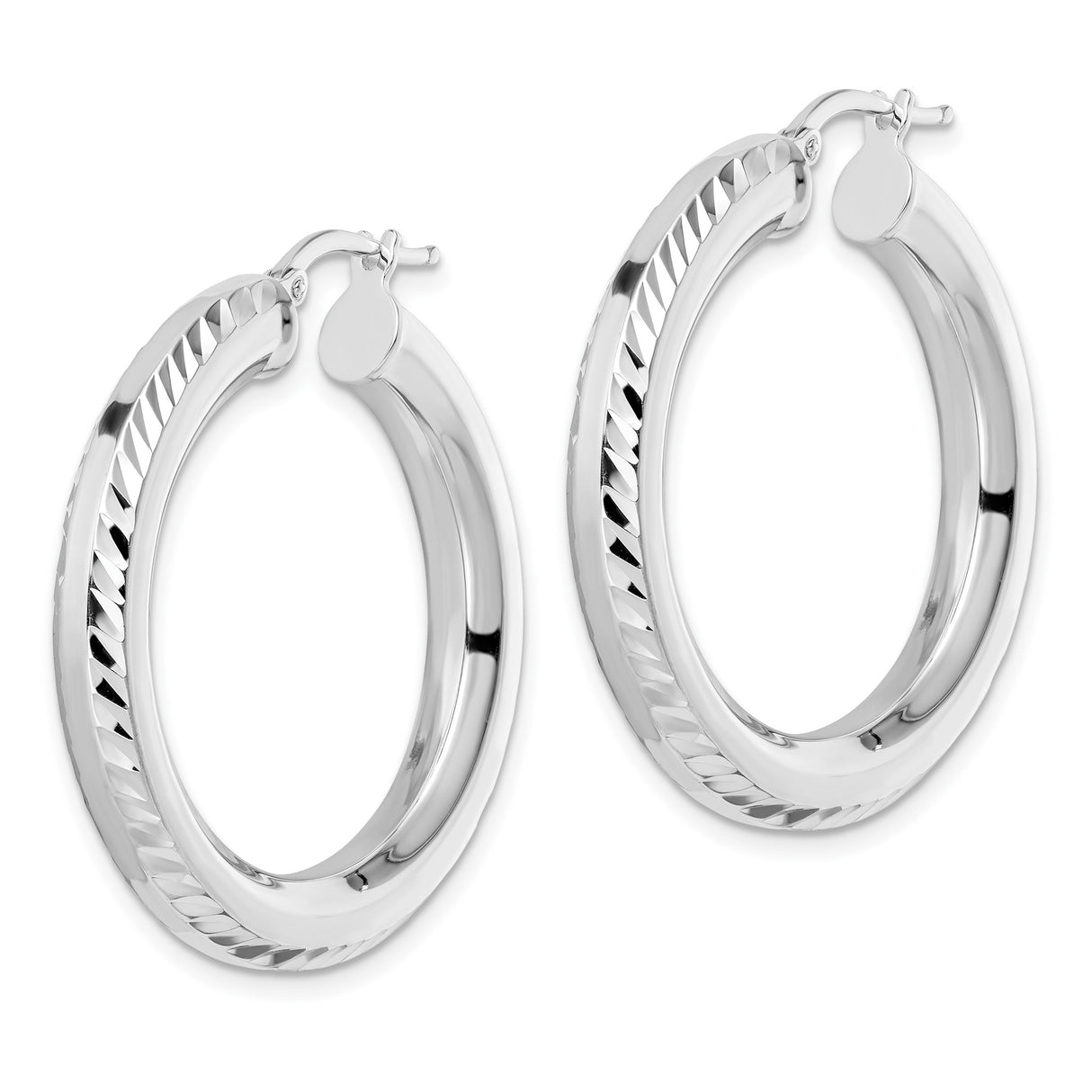 Sterling Silver Hoop Earrings with Twisted Diamond Cut Design and Latch Back Closure