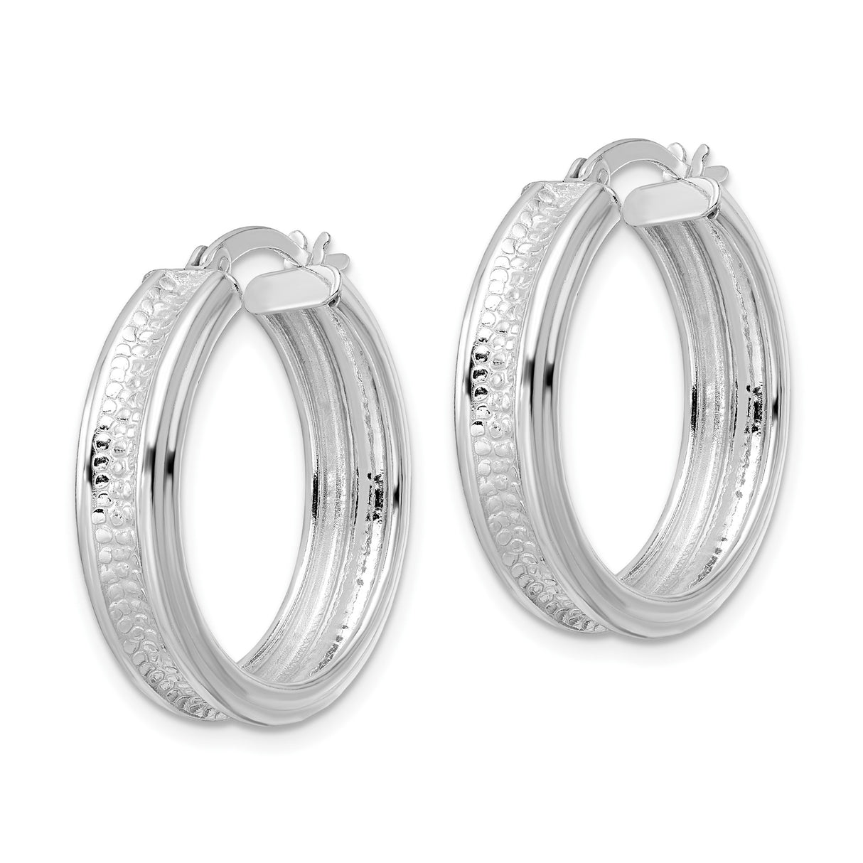 Sterling Silver Hoop Earrings with Textured Center Band and Polished Rim