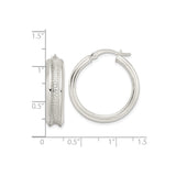 Sterling Silver Hoop Earrings with Textured Center Band and Polished Rim