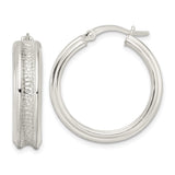 Sterling Silver Hoop Earrings with Textured Center Band and Polished Rim