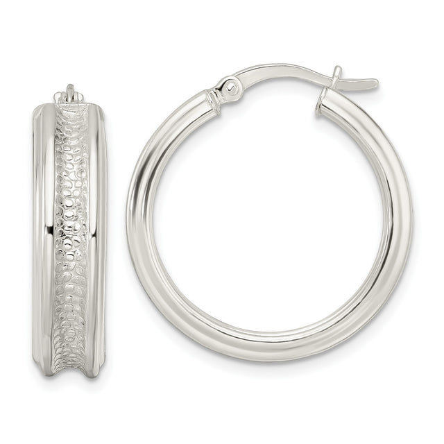 Sterling Silver Hoop Earrings with Textured Center Band and Polished Rim