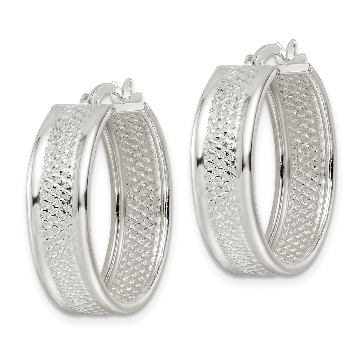 Sterling Silver Hoop Earrings with Polished Finish and Diamond Cut Texture