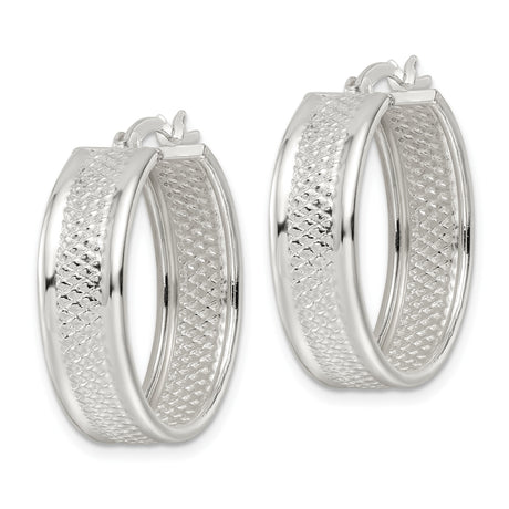 Sterling Silver Hoop Earrings with Polished Finish and Diamond Cut Texture