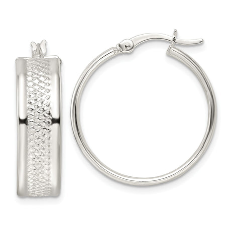 Sterling Silver Hoop Earrings with Polished Finish and Diamond Cut Texture