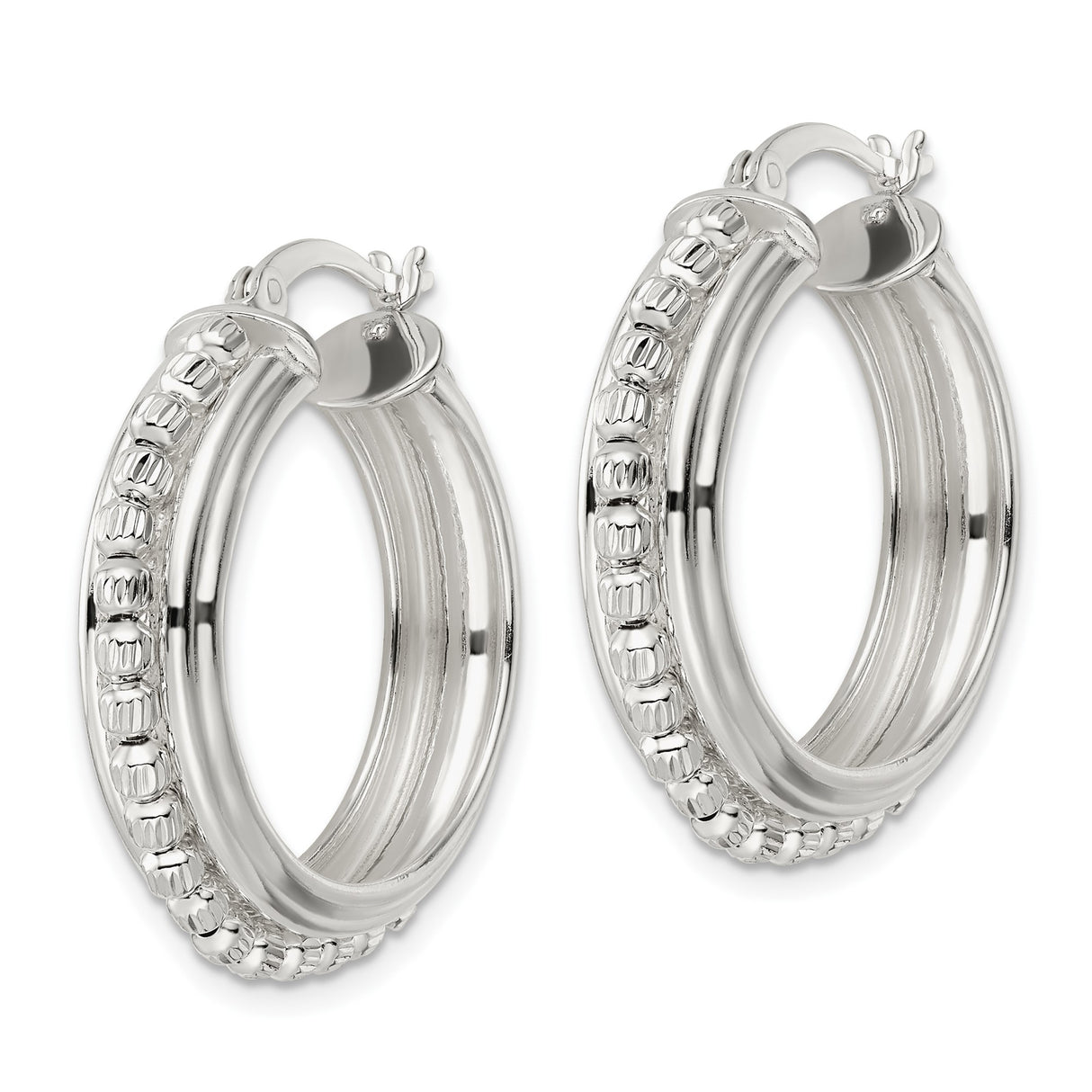 Sterling Silver Beaded Hoop Earrings with Polished Finish and Textured Detail for Women
