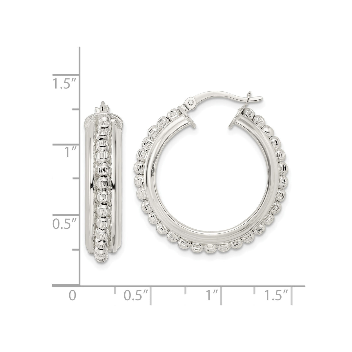 Sterling Silver Beaded Hoop Earrings with Polished Finish and Textured Detail for Women
