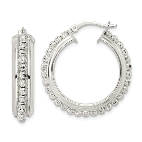Sterling Silver Beaded Hoop Earrings with Polished Finish and Textured Detail for Women