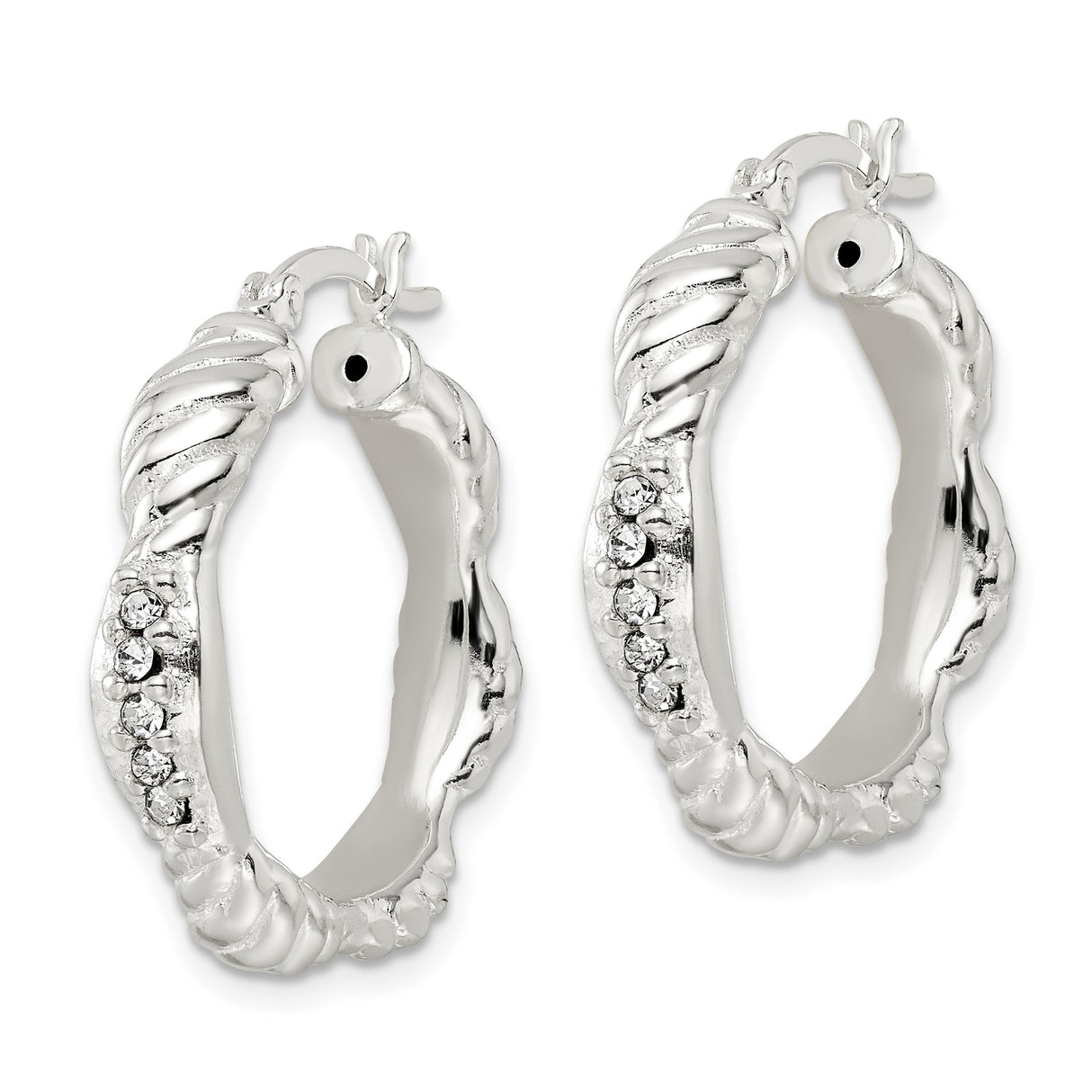 Sterling Silver Hoop Earrings with Cubic Zirconia, Twisted Rope Design, Scalloped Edges