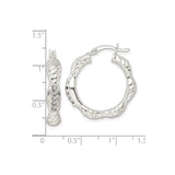 Sterling Silver Hoop Earrings with Cubic Zirconia, Twisted Rope Design, Scalloped Edges