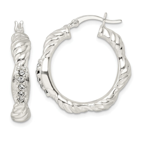 Sterling Silver Hoop Earrings with Cubic Zirconia, Twisted Rope Design, Scalloped Edges